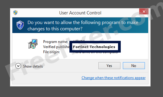 Screenshot where Fortinet Technologies appears as the verified publisher in the UAC dialog